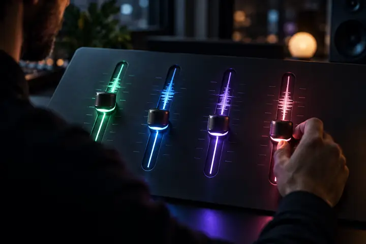 Four illuminated vertical audio controls on a dark interface-like surface, with understated green, blue, violet, and rose accents.