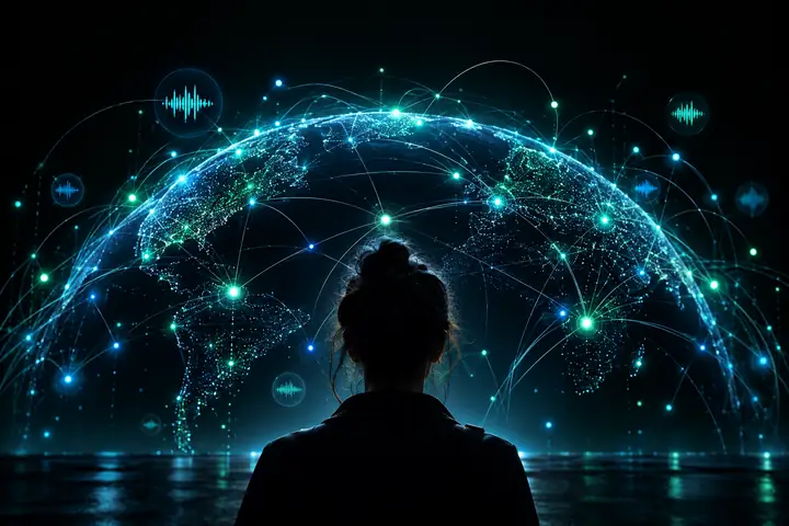 Elegant half-globe network of delicate connected lines and luminous blue-green nodes on a black background, with a few floating audio symbols.