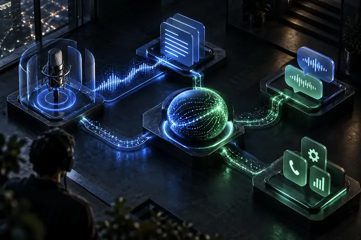 Dark isometric voice AI workflow diagram showing connected audio, text, conversation, and application modules with restrained blue and mint highlights.