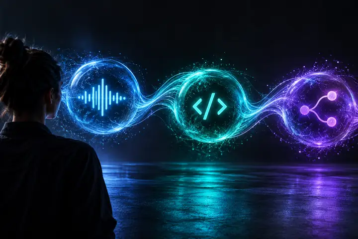 Three luminous connected code symbols on a charcoal background, suggesting a flexible voice API workflow in blue, teal, and violet.