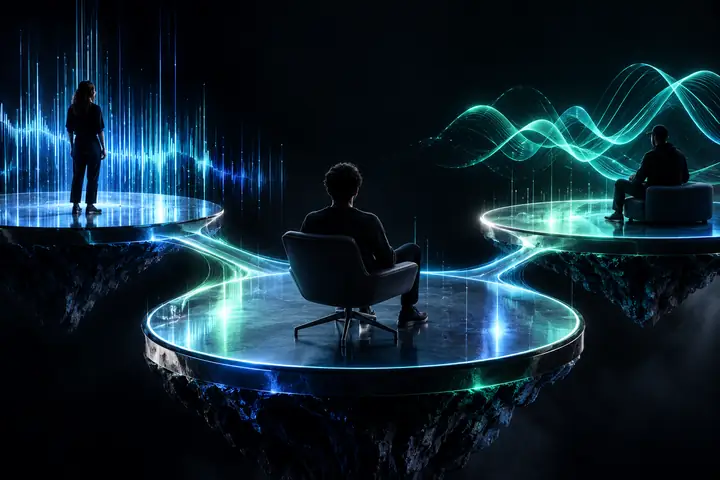 A refined arrangement of three connected platform nodes floating against a nearly black background with subtle electric-blue and mint light.